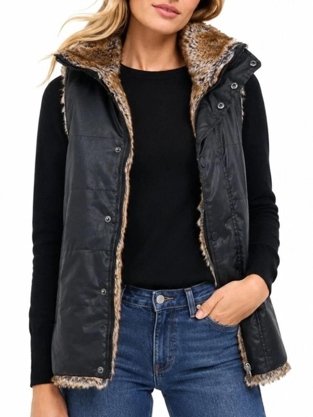 Tuckernuck Emilia Black Waxed Reversible Vest Faux Fur Sleeveless Jacket